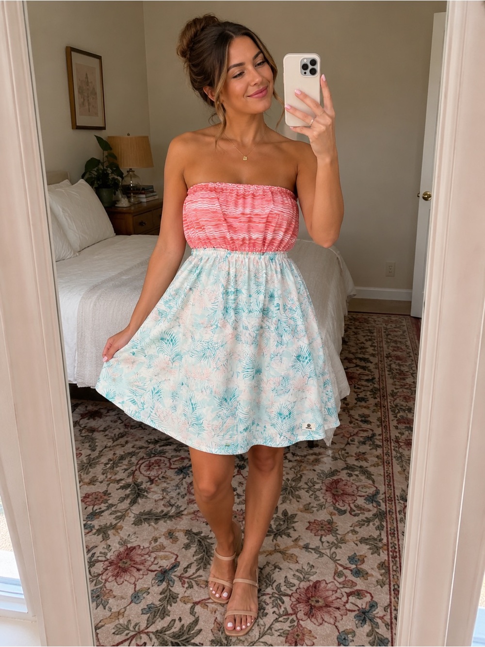 Lagaci Coral Smocked Bodice with Aqua Floral Skirt Strapless Dress